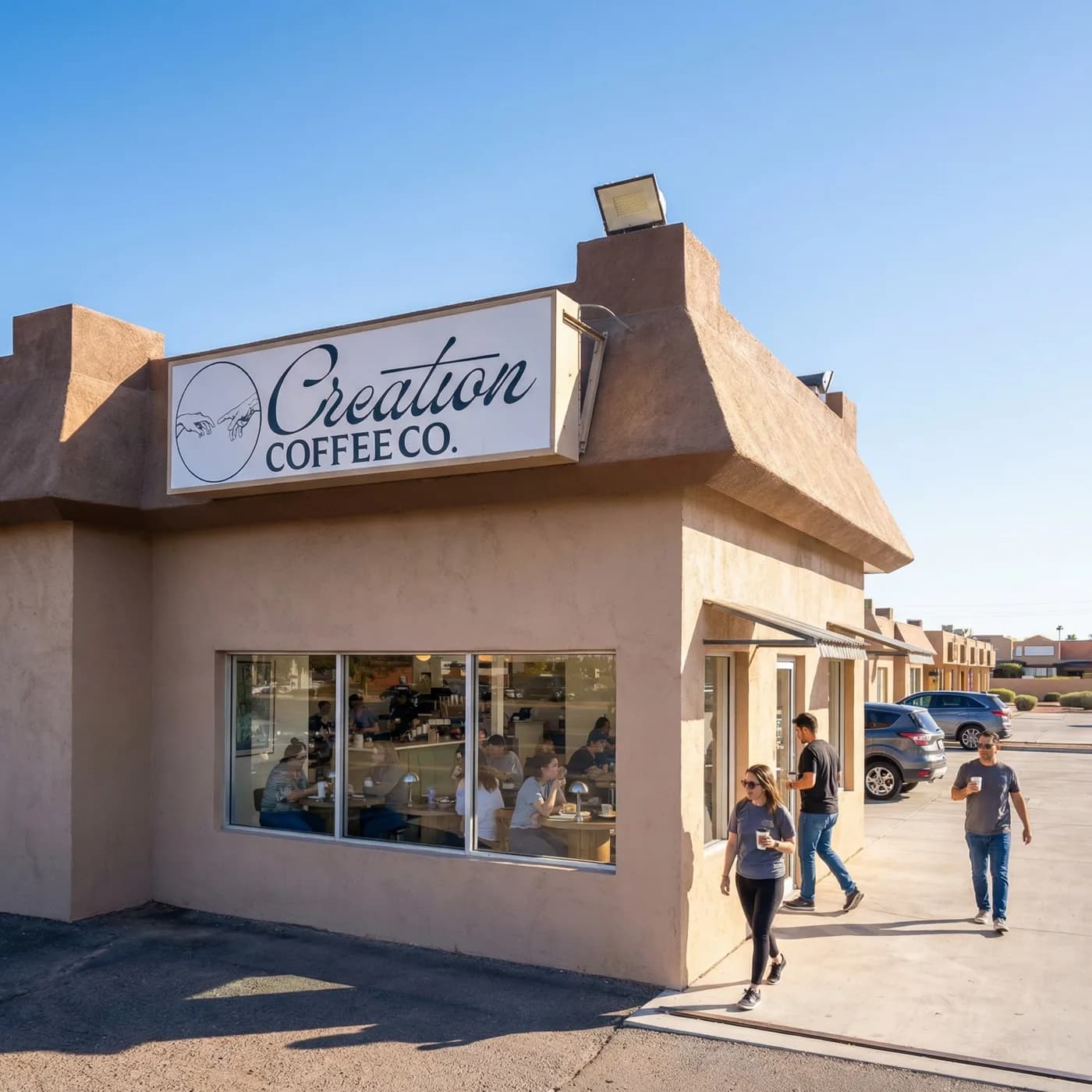 The Creation Coffee Co. storefront on South 4th Avenue in Yuma, with guests heading out with drinks